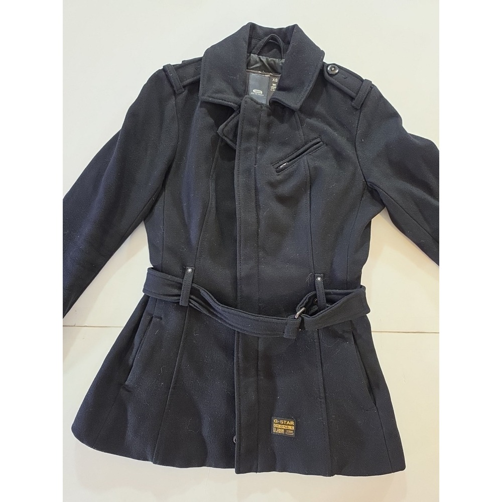 G-STAR RAW 3301 Women's Solar Wool Coat XS Black Belted Military Pea Jacket
